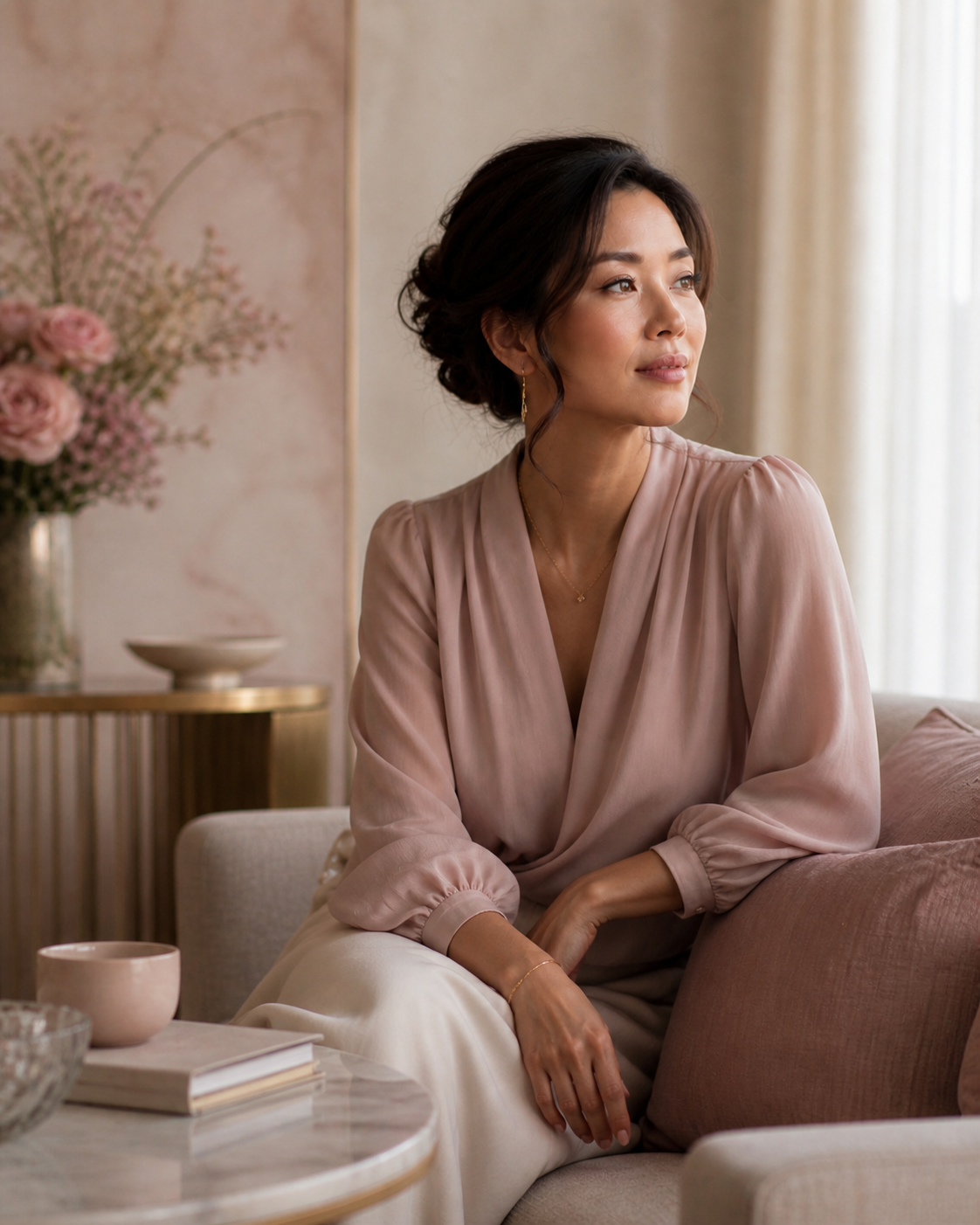Woman in a soft blush setting